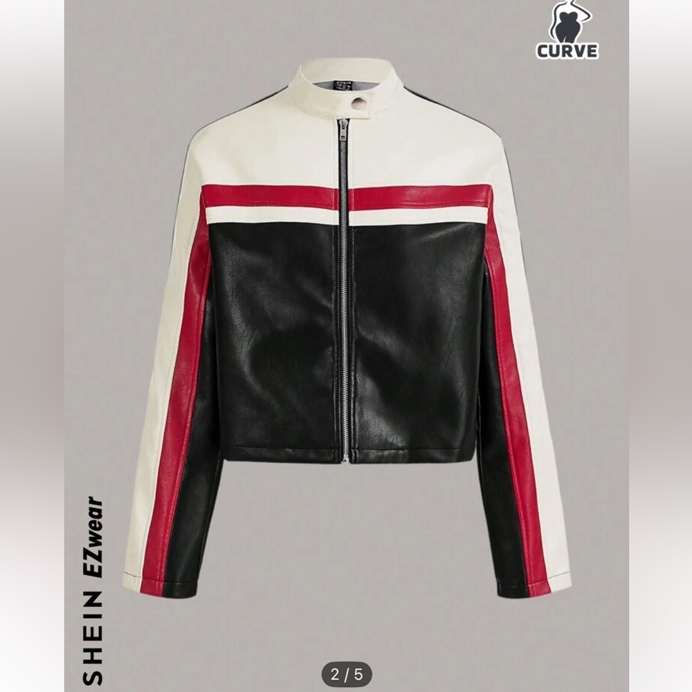 SHEIN EZwear Plus Colorblock Zip Up Leather Jacket